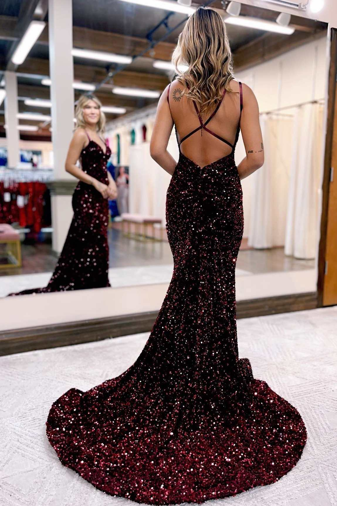 Blue Iridescent V-Neck Cross-Back Mermaid Long Prom Dress nv761