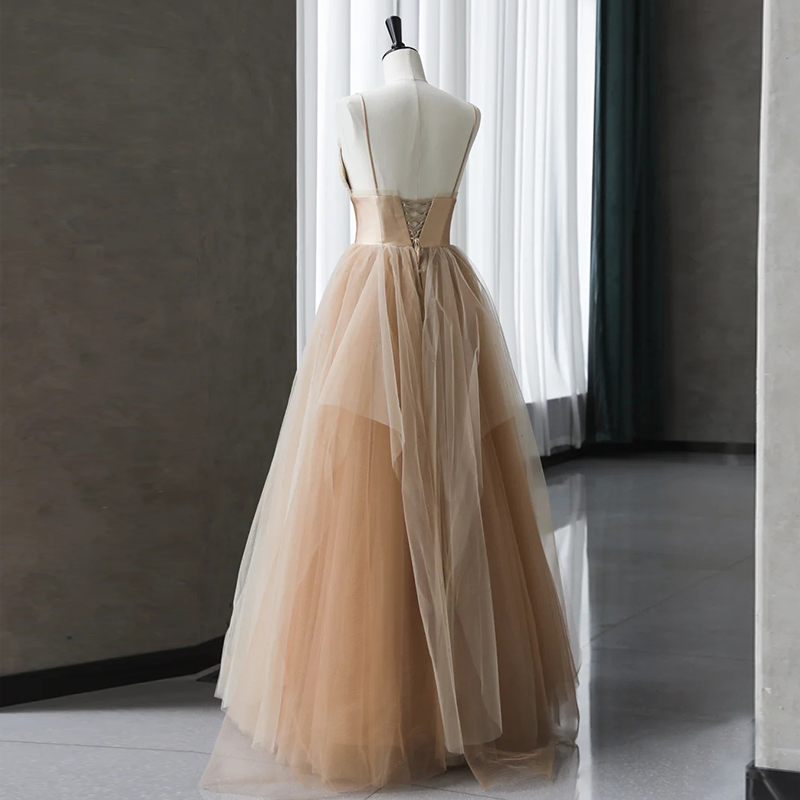 Belles robes de soirée longues à bretelles dégradées champagne et dos nu, robes de soirée champagne nv878