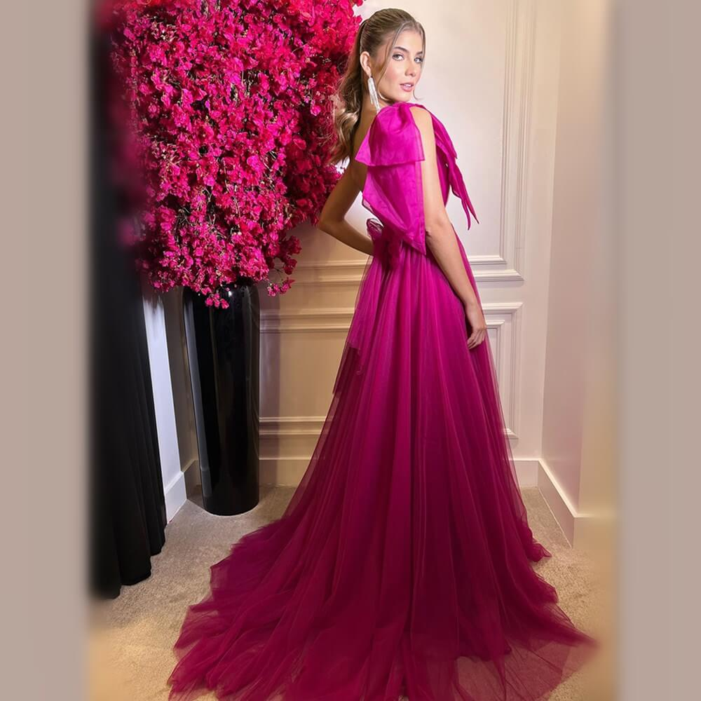 Robe de soirée longue en tulle bleu royal A Line, robe de bal jaune fendue sur la jambe nv624