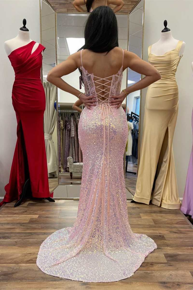 Robe de bal longue sirène en dentelle florale à sequins irisés bleu clair avec fente nv803