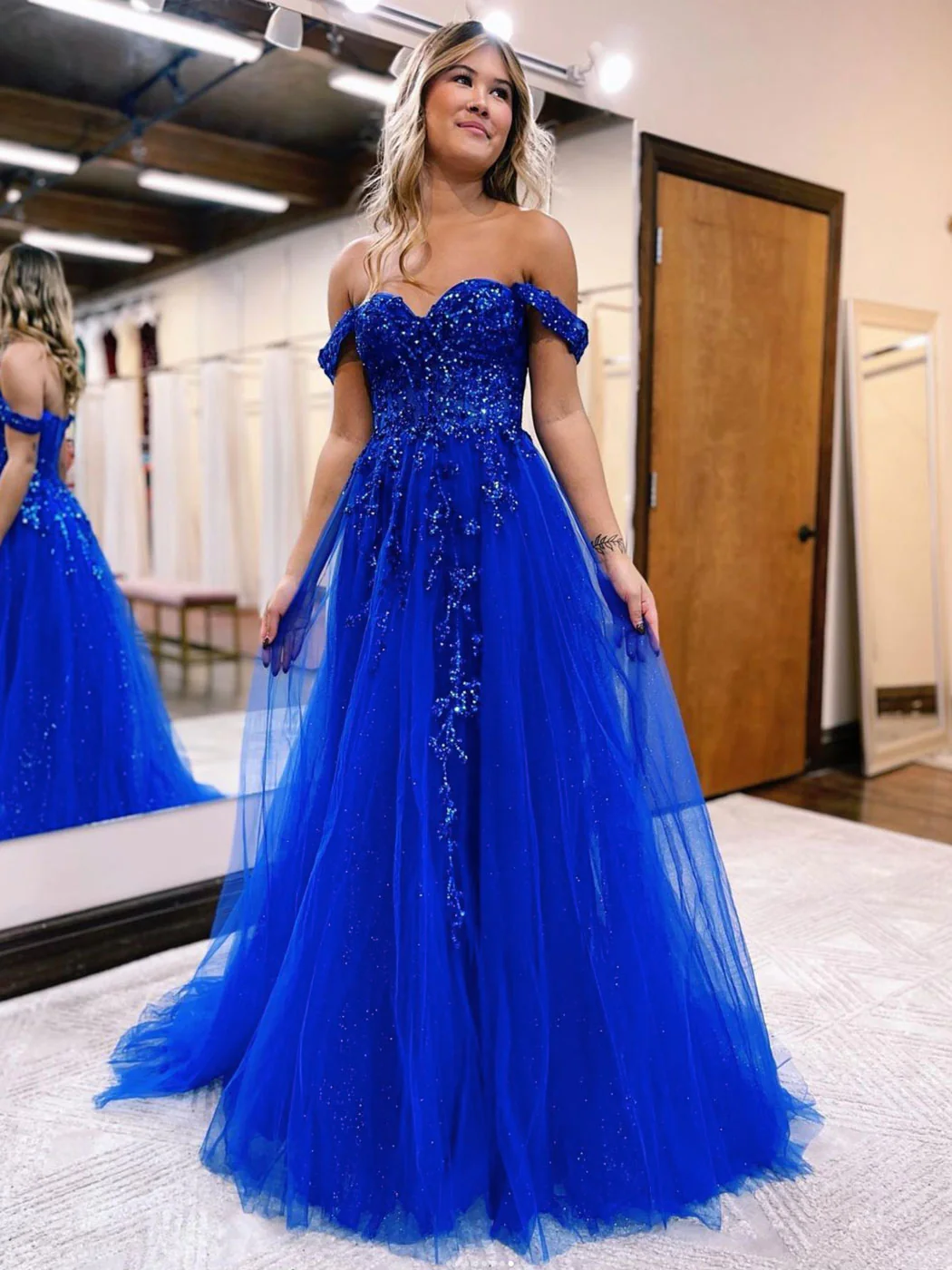 Royal Blue A-Line Tulle Long Prom Dresses, Blue Formal Evening Dresses nv793