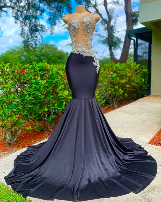 Black O Neck Long Prom Dress 2023 For Arabic Women Beaded Birthday Party Gown Appliques Evening Gowns Mermaid nv898