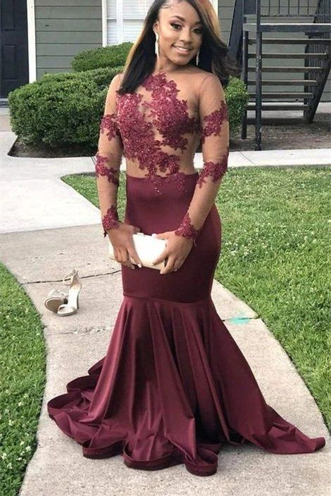 Long Sleeves Round Collar Mermaid Prom Dress Burgundy Applique Long nv922