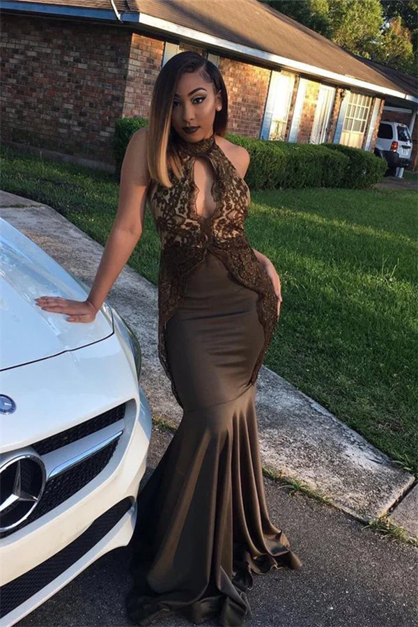 New Arrival Black Mermaid Prom Dresses Appliques High Neck Evening Dresses nv932