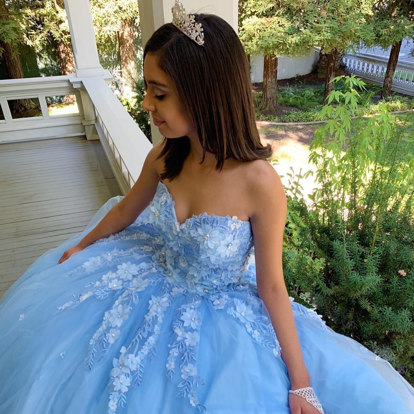 Robe de soirée sexy en dentelle bleu ciel pour princesse, tenue de bal, en tulle, avec perles et fleurs faites à la main, pour les 16 ans, nv887