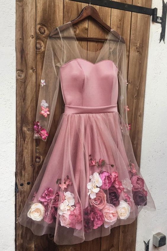 Robe de bal courte rose à col en V avec appliques 3D, robe de soirée rose nv524