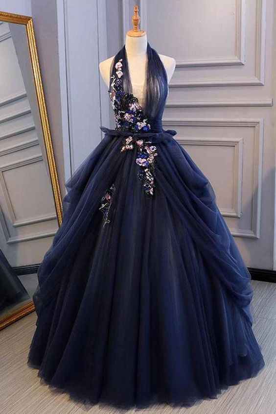 Navy Blue Halter V-neckline Long Sweet 16 Dresses, Tulle Formal Gowns nv385