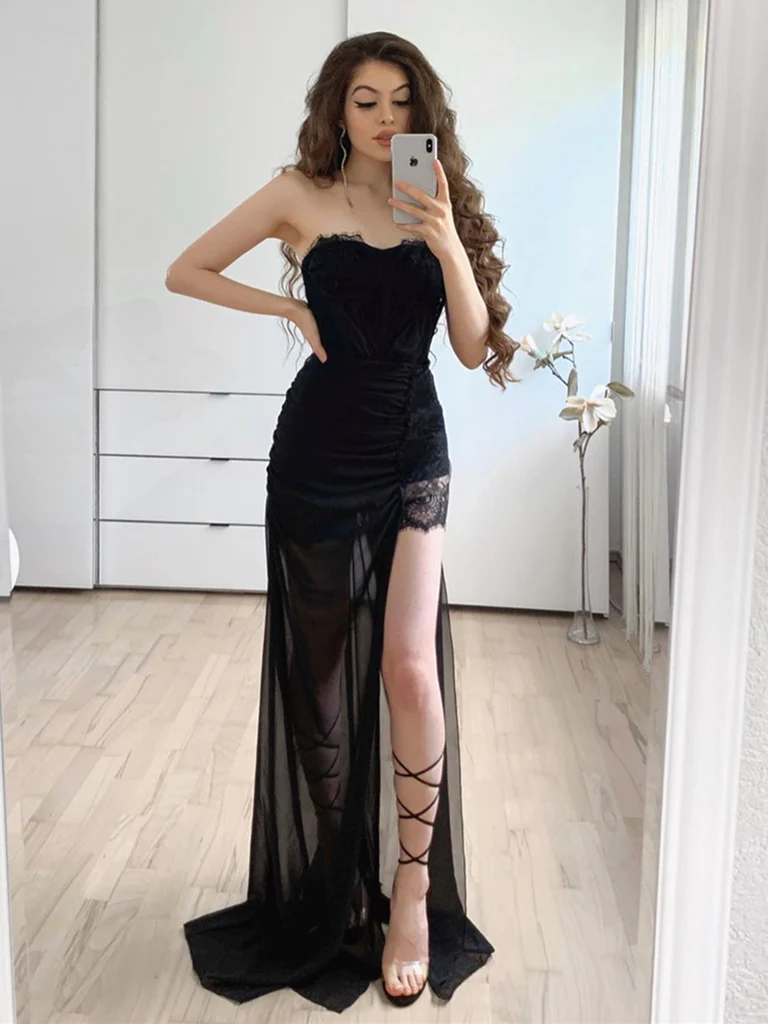 Robes de bal en dentelle noire sans bretelles, robes de demoiselle d'honneur de soirée formelles en dentelle noire nv212
