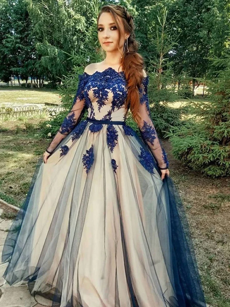 Robe de bal en dentelle bleue à manches longues et ligne A, robe de soirée formelle en dentelle bleue à manches longues nv217