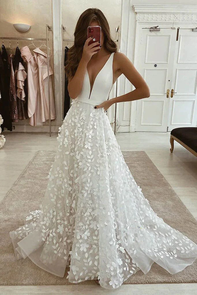 Robe de mariée bohème coupe A avec appliques en dentelle Robe de mariée de plage nv194