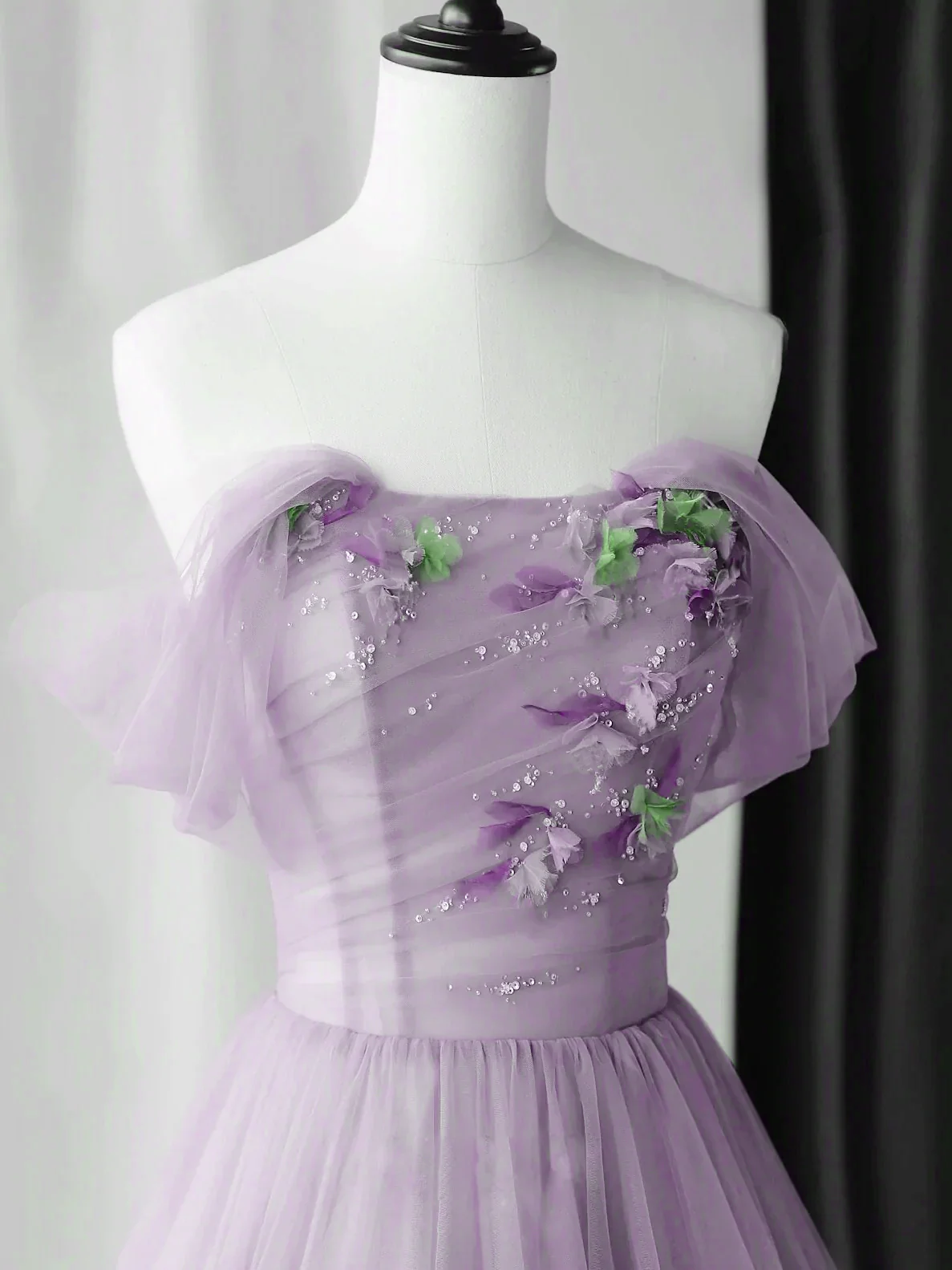 Robe de soirée longue en tulle violet à épaules dénudées et décolleté en cœur, robe de bal trapèze en tulle nv890