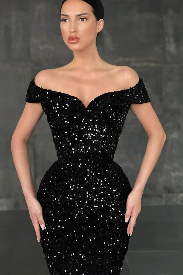 Robe de soirée longue noire élégante à paillettes scintillantes et épaules dénudées, robe de soirée longue au sol, robe de soirée nv325