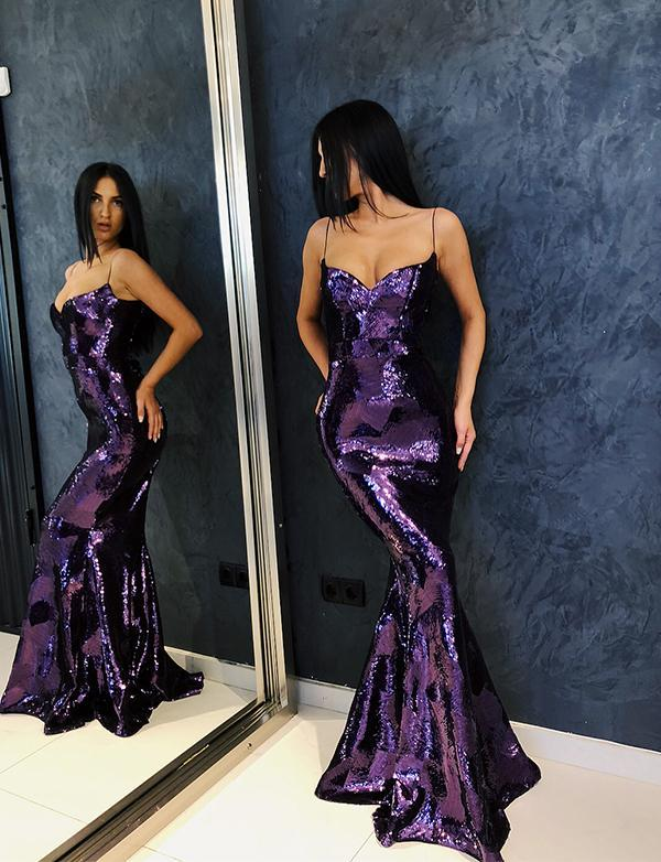 Robe de bal sirène à paillettes et bretelles fines violettes nv278
