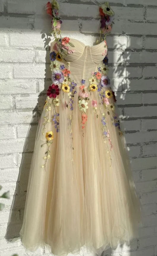 Robe de soirée en tulle champagne longueur thé avec fleurs, robe de bal champagne nv525