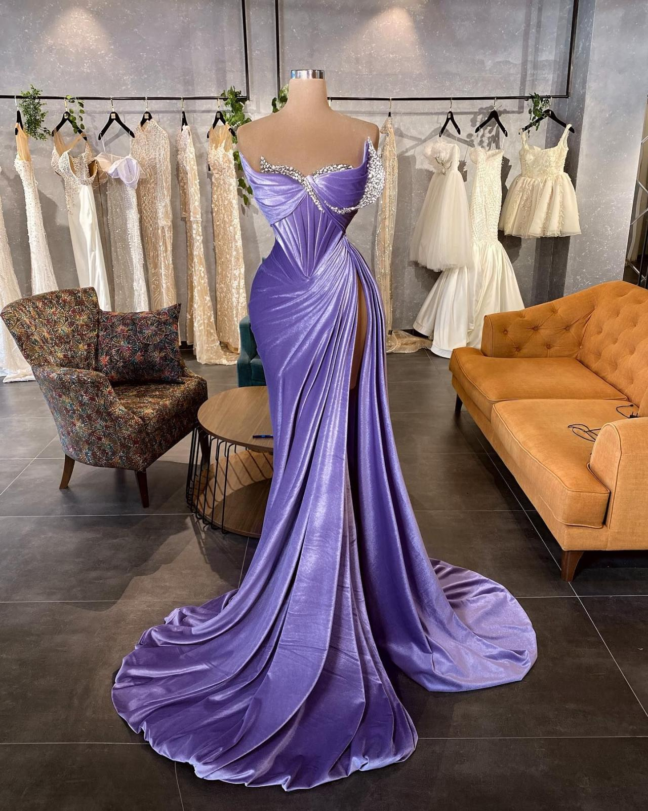 Lavender Velvet Mermaid Evening Dresses Winter Side Split Prom Dress Sweetheart Beaded Women Pageant Party Gowns nv408