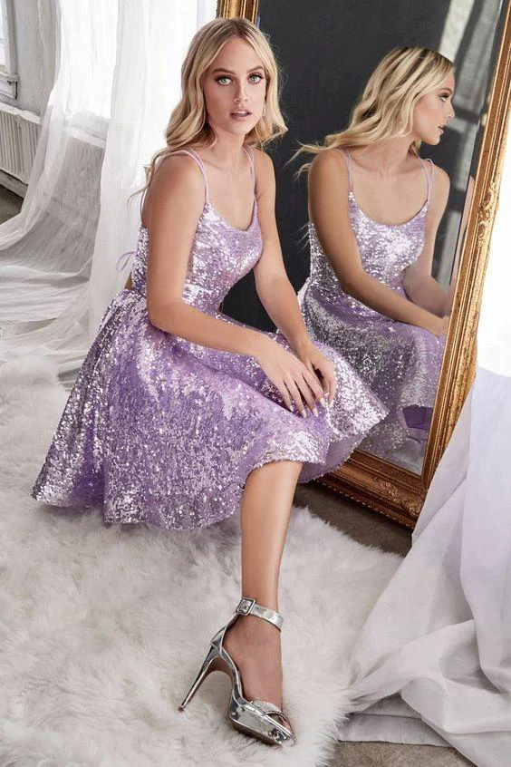 Robe de bal courte à paillettes brillantes en forme de A, robe de remise de diplôme, couleur lavande nv264