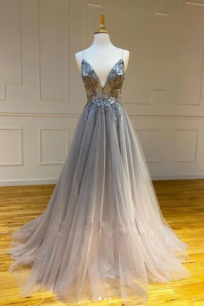 Gray v neck tulle long prom dress gray tulle formal dress nv435