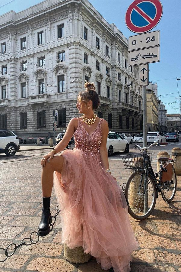 Robe de soirée de standing en tulle rose à col en V et perles, ligne A, fendue, nv420