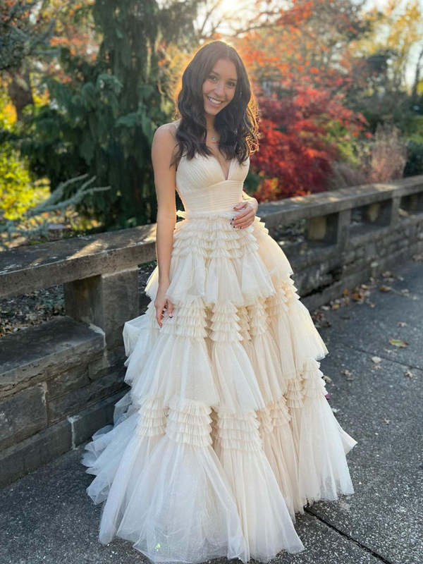 Robe de bal longue en tulle champagne, robe de soirée en tulle champagne nv438