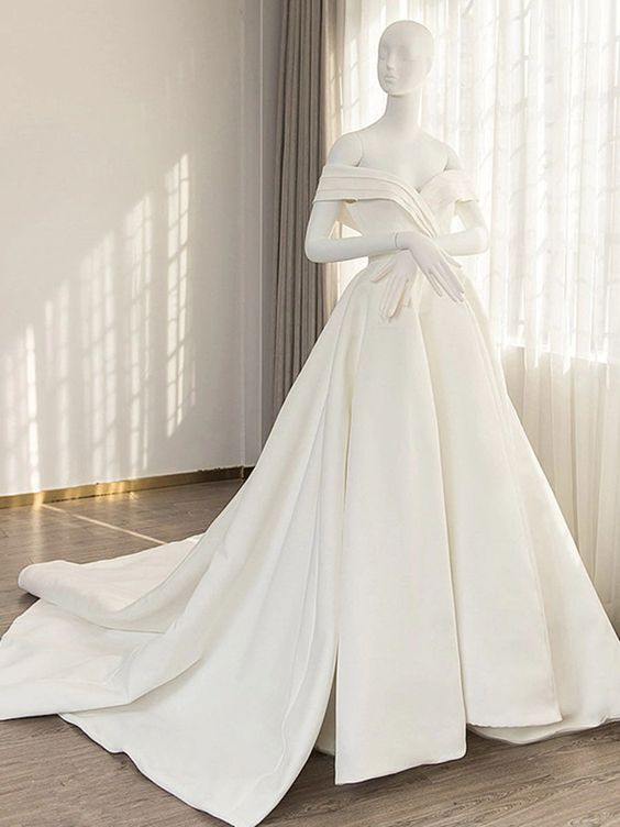 Robe de soirée longue simple à col en cœur et épaules dénudées, robe de soirée blanche nv391