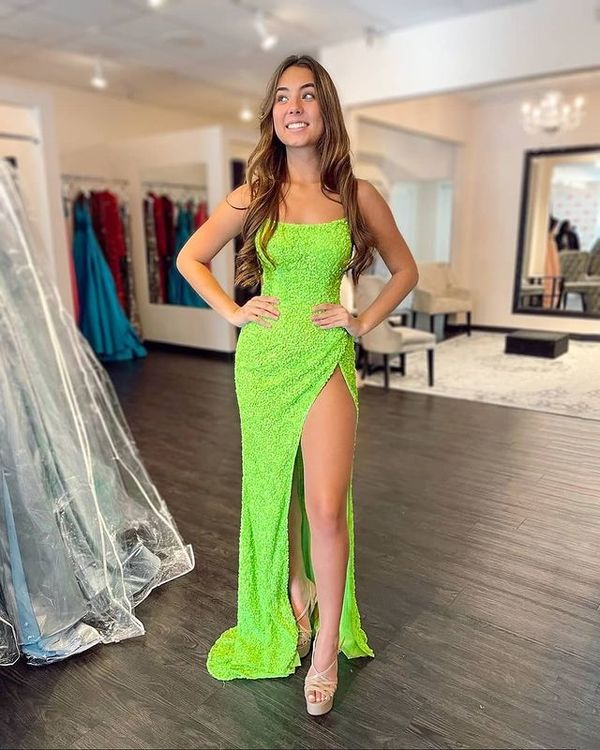 Robe de bal sirène scintillante à encolure dégagée vert fluo avec fente nv257
