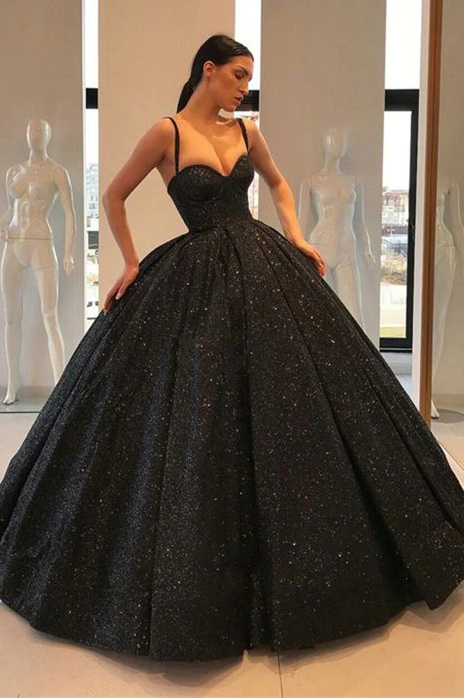 Robe de Quinceanera noire à bretelles spaghetti et décolleté en cœur, robe de bal à paillettes nv201