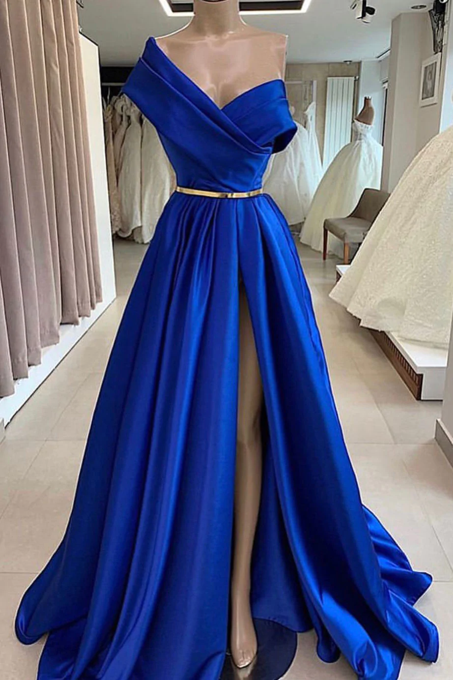 Robe de bal longue en satin bleu, robe de soirée longue bleue nv395