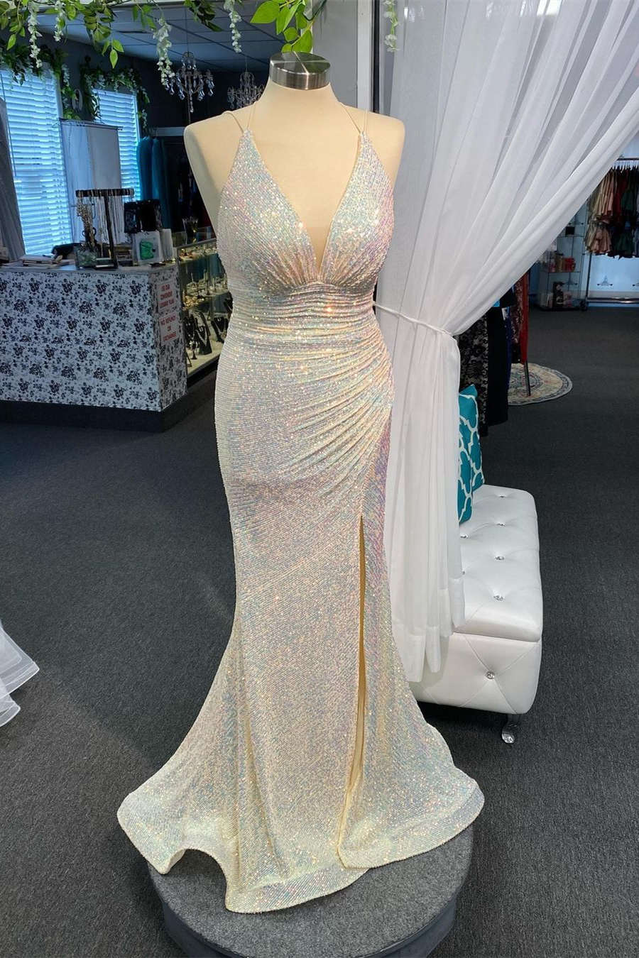 Plung V-Neck Ivory Mermaid Prom Dress with Slit nv995