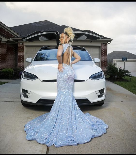 Blue gorgeous shiny sequins long mermaid slim ball gown evening dress nv184