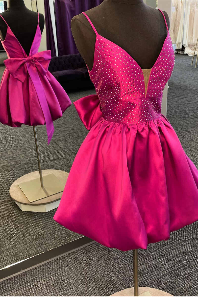 Robe de soirée courte à paillettes magenta avec col en V et nœud dans le dos, coupe trapèze nv236