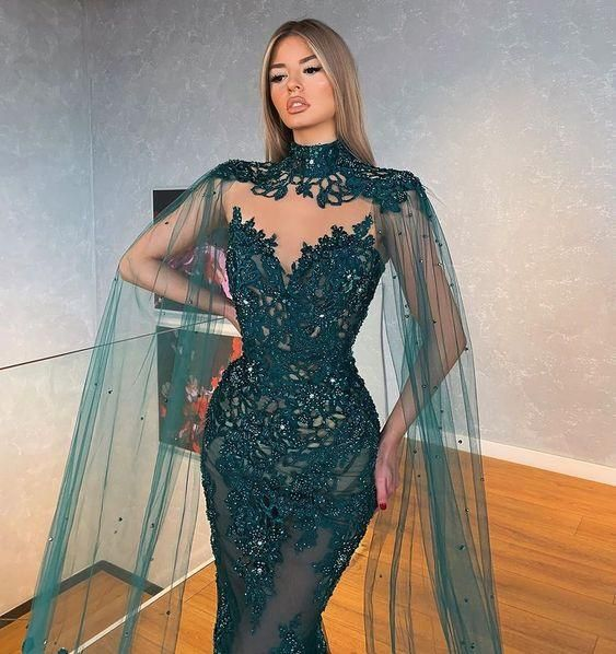New Two Pieces Mermaid Evening Dresses with Cape Dark Green Lace Prom Gown Long Formal Party Dress nv938