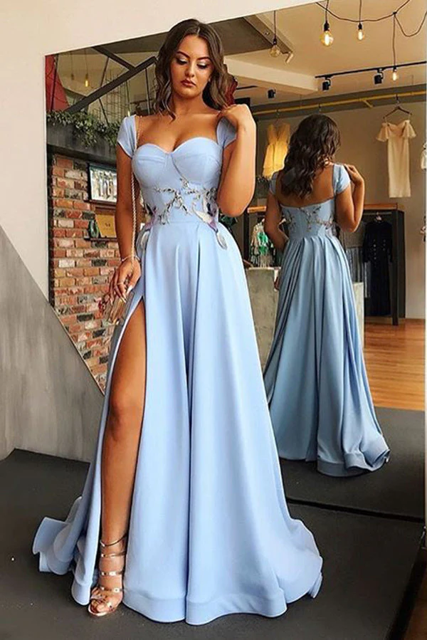 Robe de bal longue fendue à manches courtes et décolleté en cœur avec appliques nv486