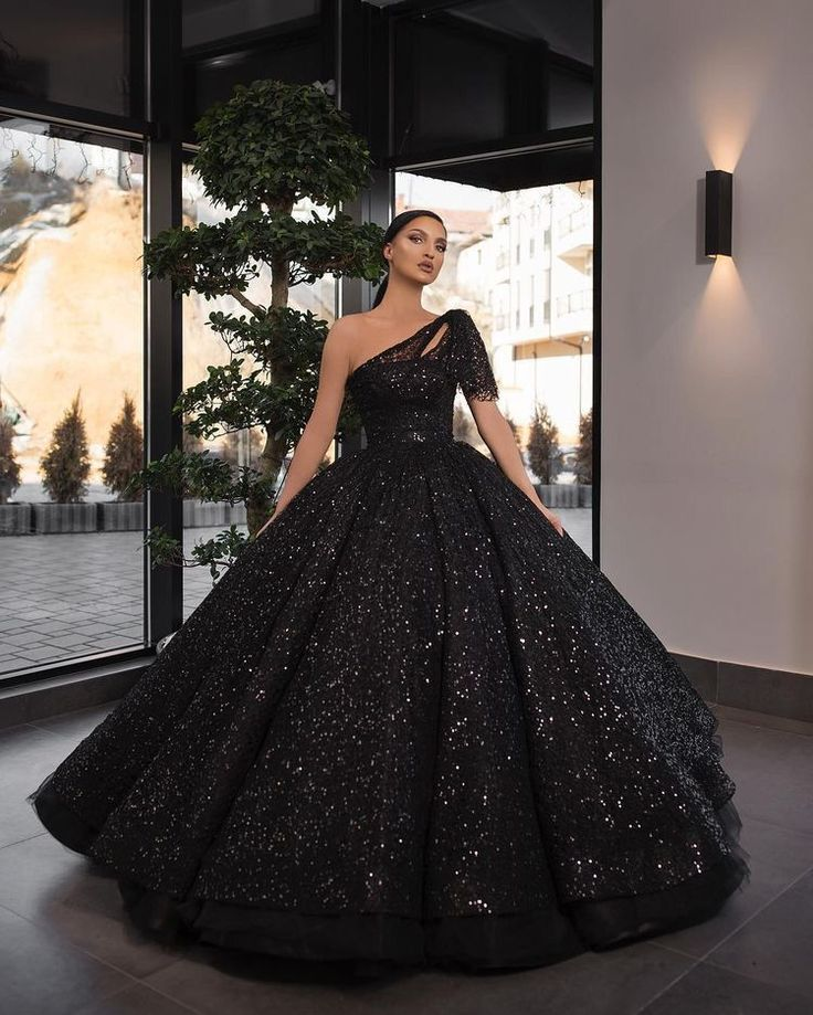 Robe de bal scintillante à une épaule et paillettes noires, longue robe de bal nv392