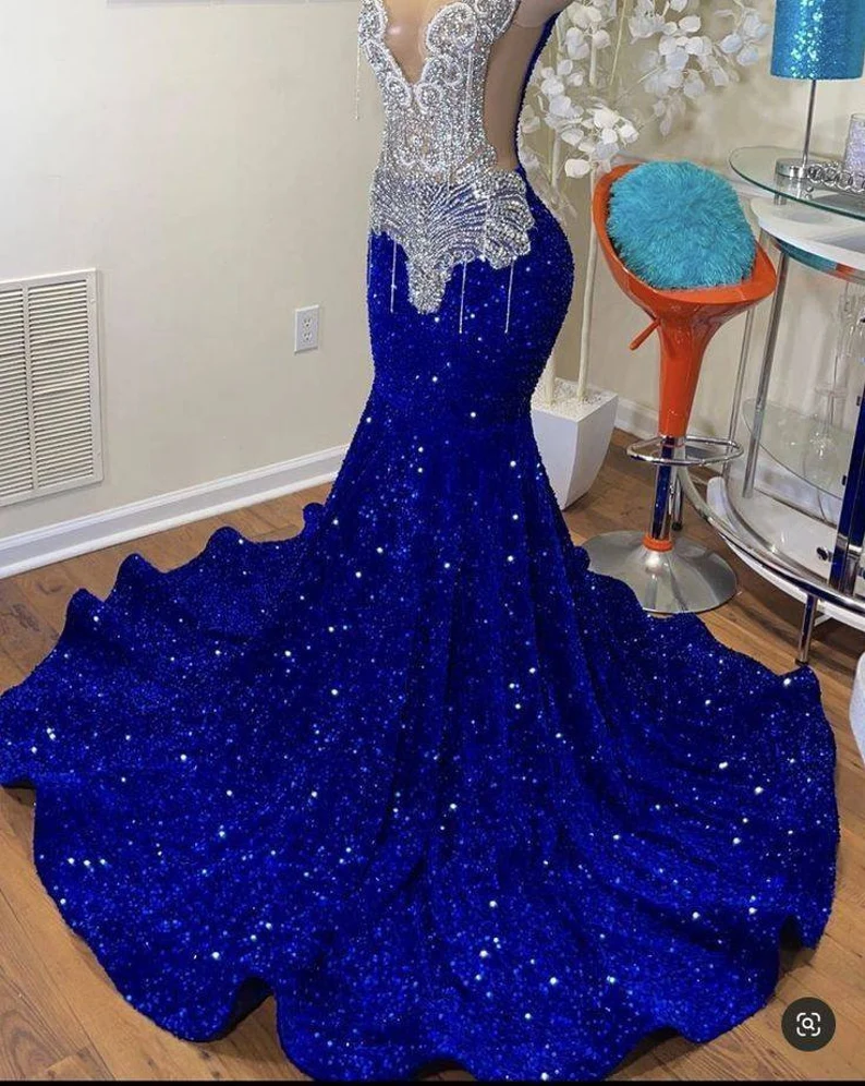 Robe de bal longue bleu royal à paillettes, robe de mariée perlée, robe de réception, robe de renouvellement nv126