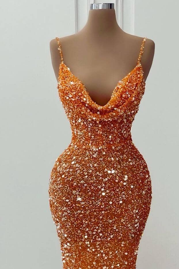 Sequins V-Neck Mermaid Spaghetti-Straps Orange Long Prom Dress nv282