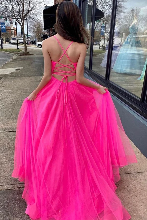 Robe de soirée longue rose vif à col en V et fente, robe de soirée formelle nv276