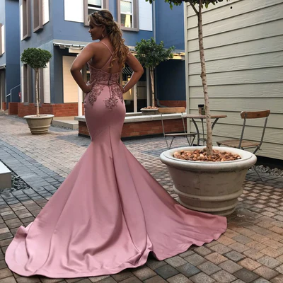 ELEGANTABLE SPAGHETTI STRAPS APPLIQUES CHIC MERMAID PROM DRESSES TRENDY CROSSED SHOULDER STRAP LONG EVENING DRESSES nv371