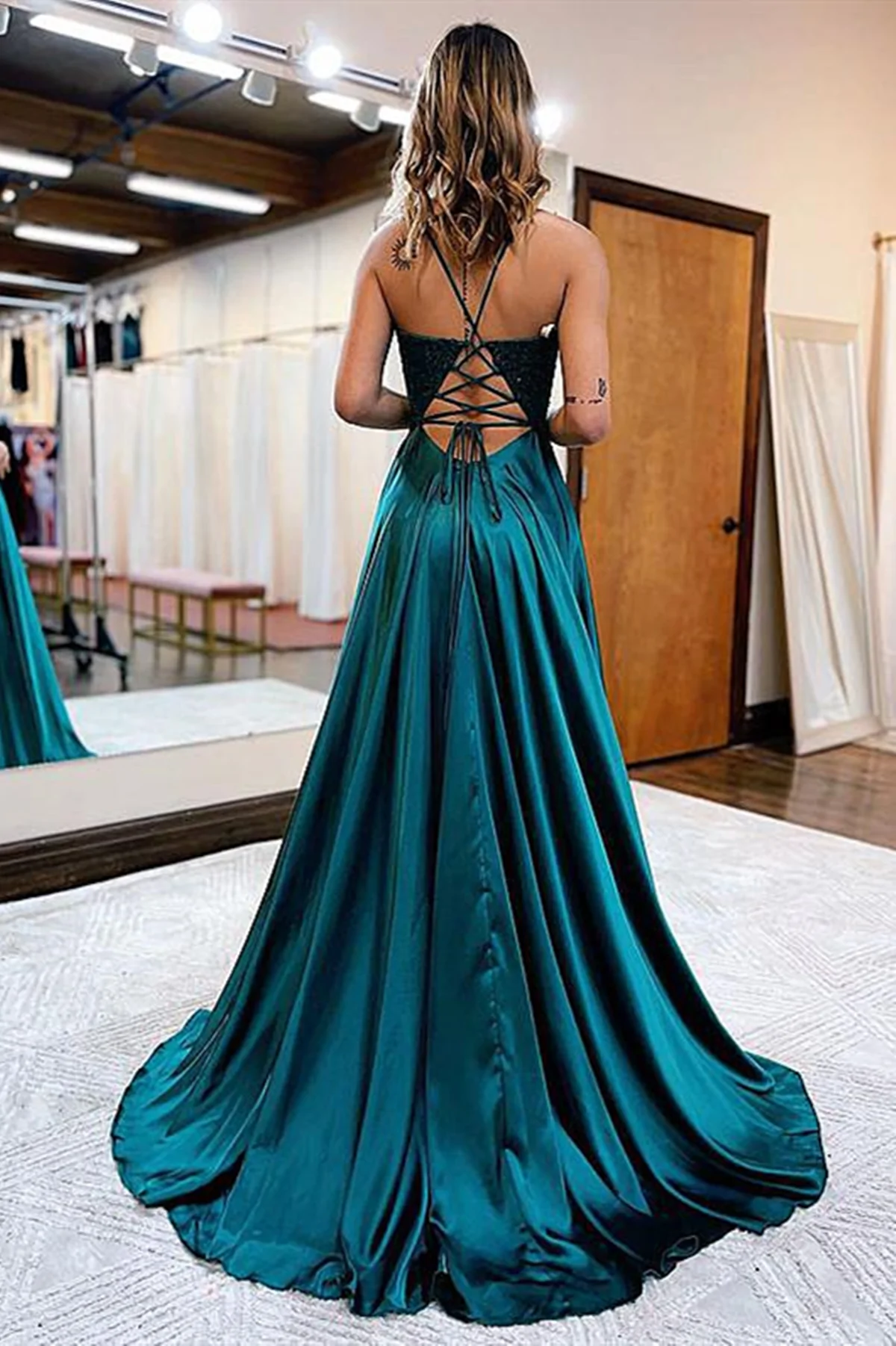 V Neck Blue Green Lace Prom Dresses, Blue Green Lace Formal Graduation Dresses nv333