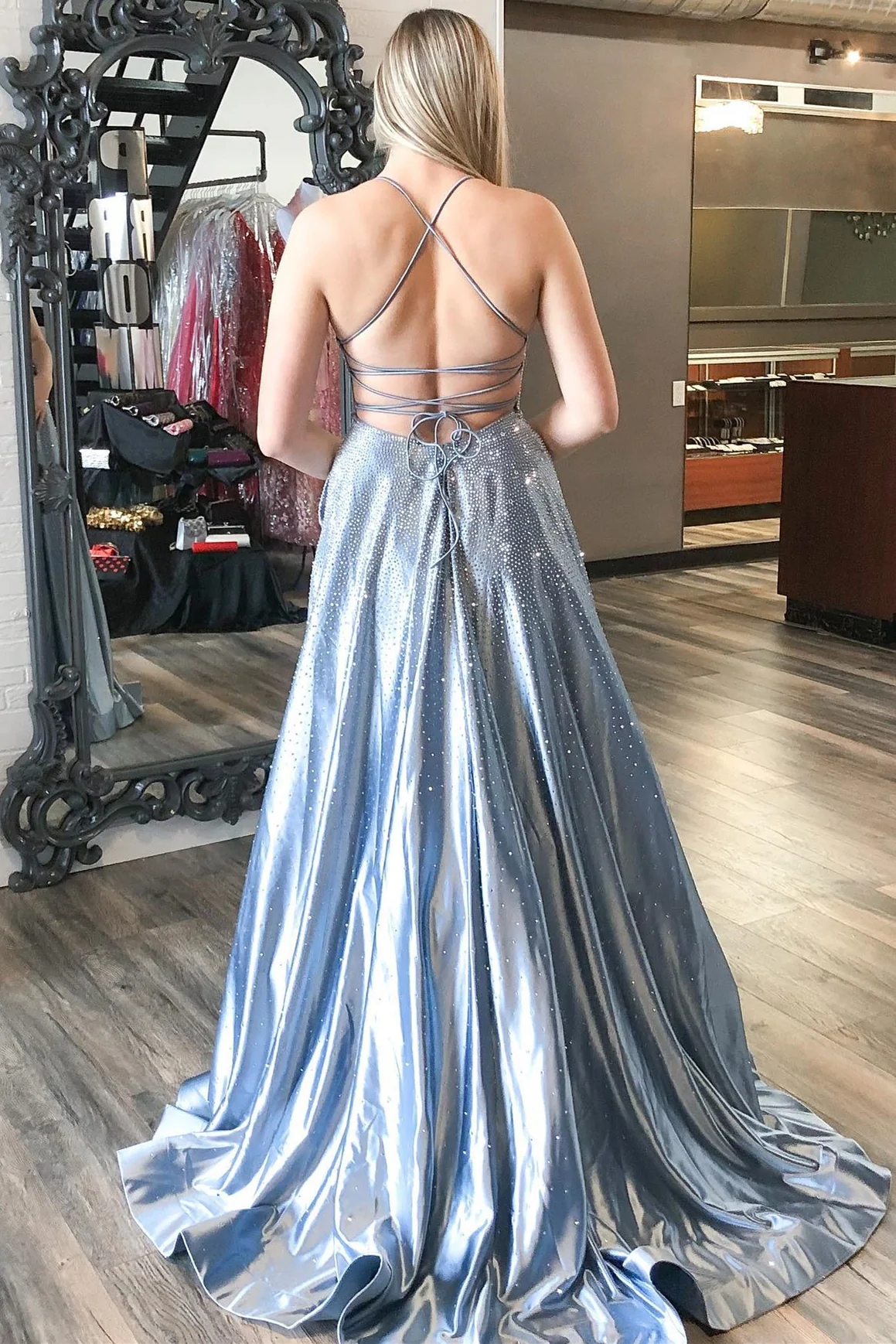 Silver A-line Beaded Satin Long Formal Dress nv274