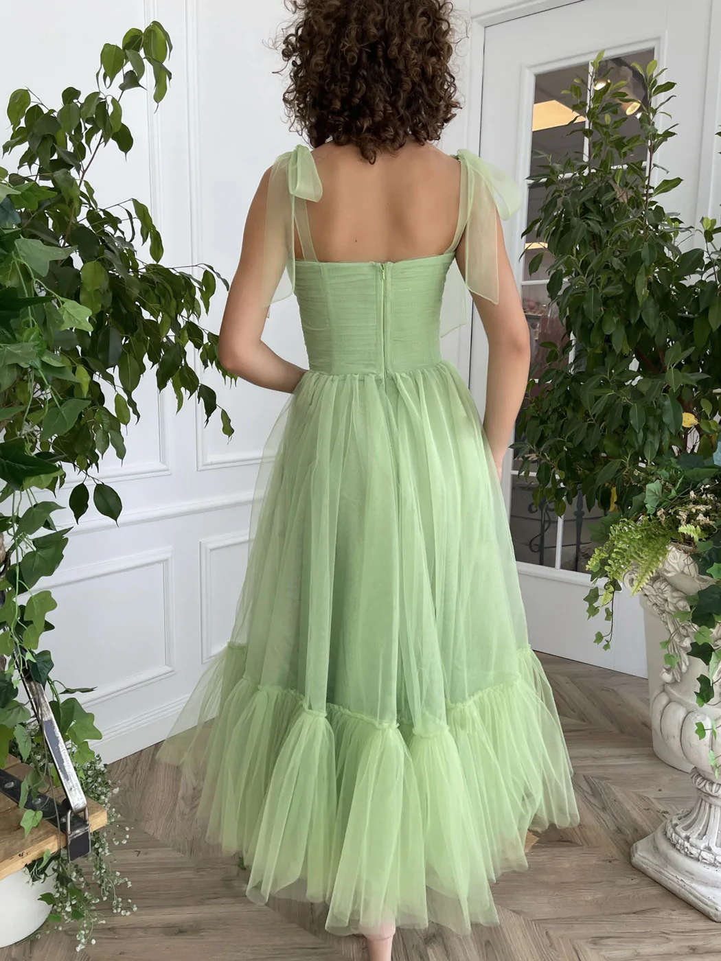 Robe de bal simple longueur thé vert, robe de soirée verte nv529
