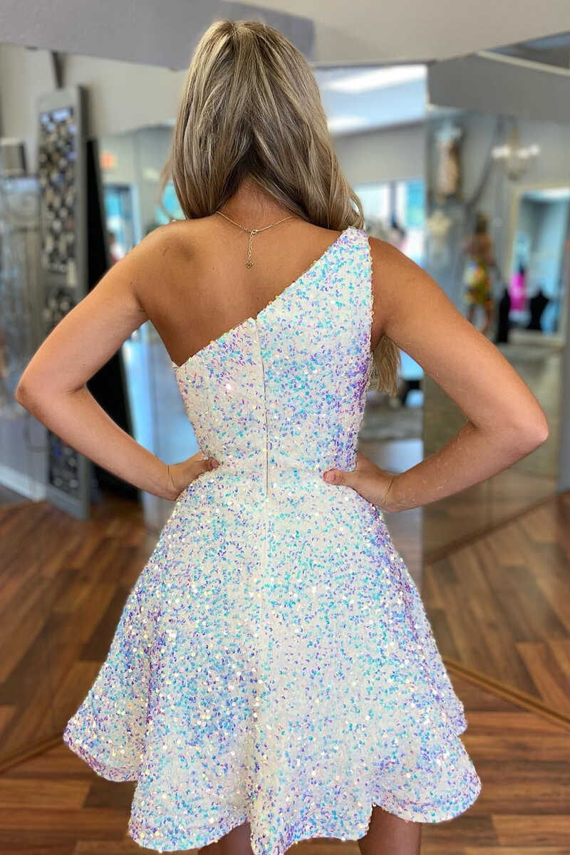Robe de soirée courte à une épaule en sequins irisés blancs Hoco nv237