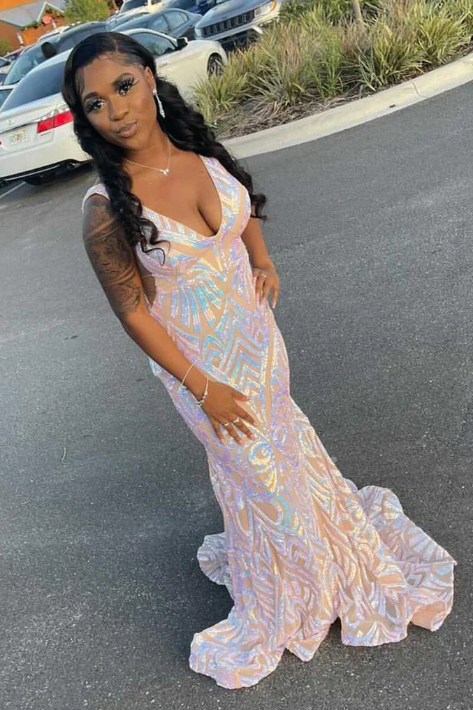 Robe de bal longue à paillettes et col en V style sirène nv285