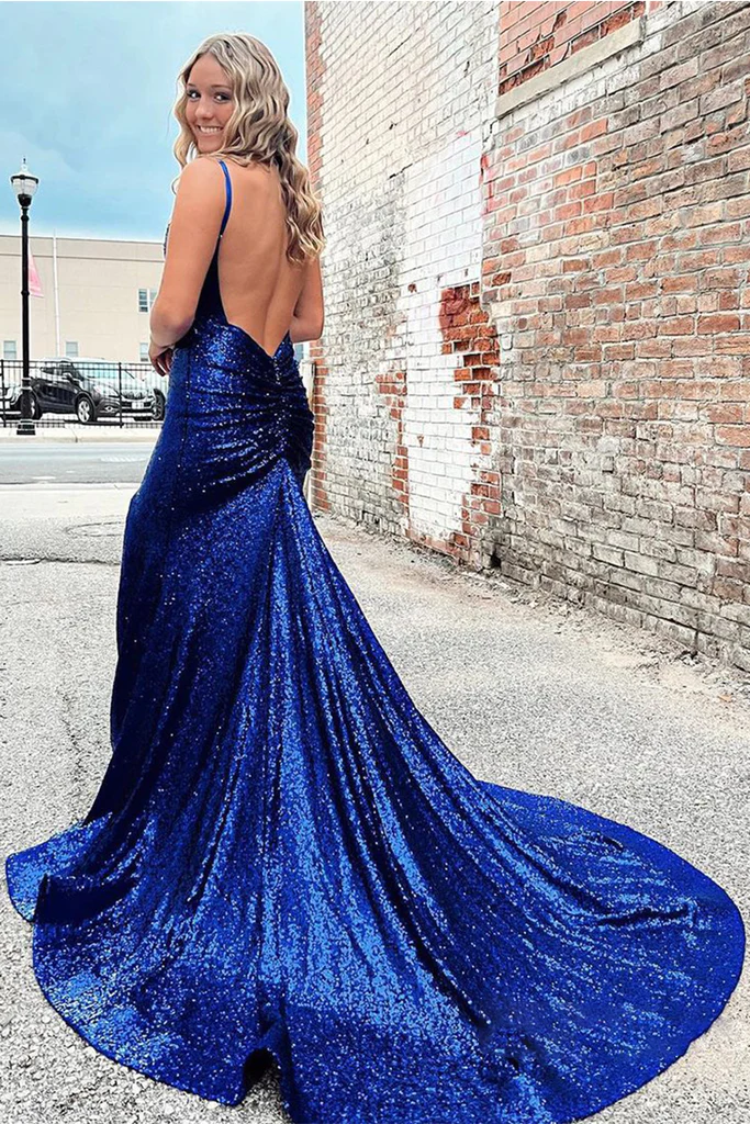 Sexy V Neck Long Glitter Spaghetti Straps Prom Dress nv401