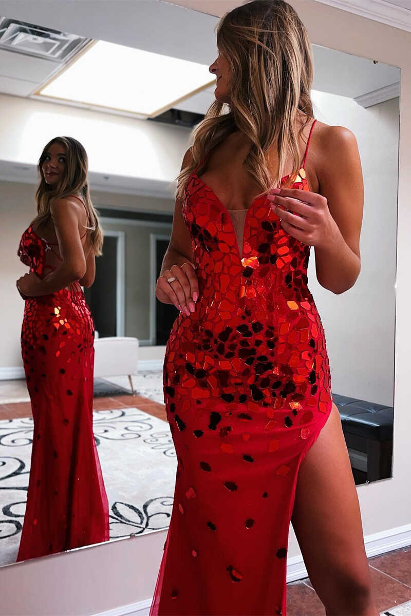 Red/Blue Gorgeous Sexy Cut Glass Mirror Lace Up Slit Long Prom Dress Evening Dress Party Dress nv238