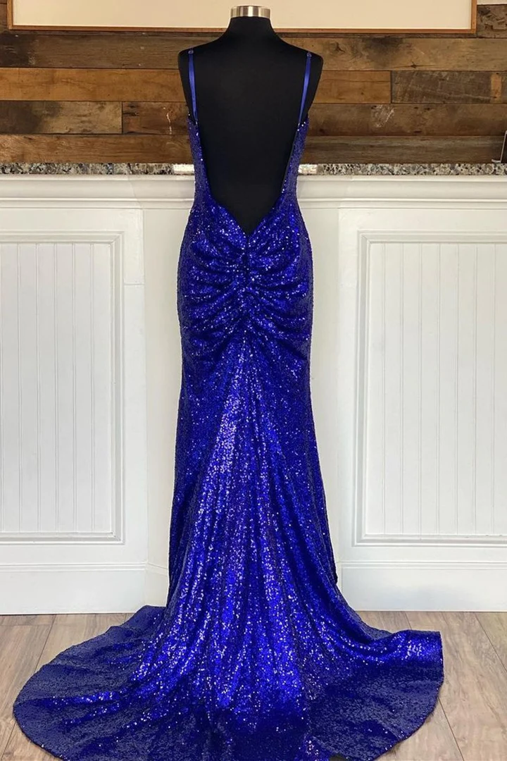 Robe de bal longue à paillettes bleu royal dos nu style sirène nv335