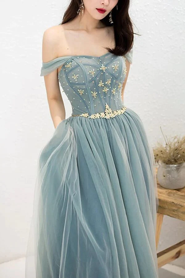 Tulle A-Line Off-the-Shoulder Beaded Prom Dresses, Long Formal Dress nv551