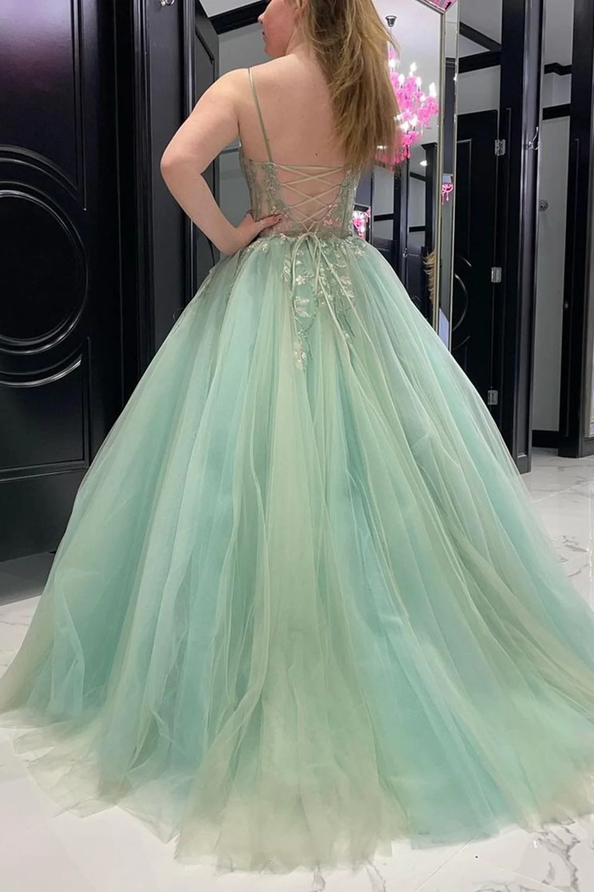 Robe de soirée longue en tulle vert menthe à col en cœur avec appliques en dentelle, robe de soirée formelle à fleurs en tulle vert menthe nv432