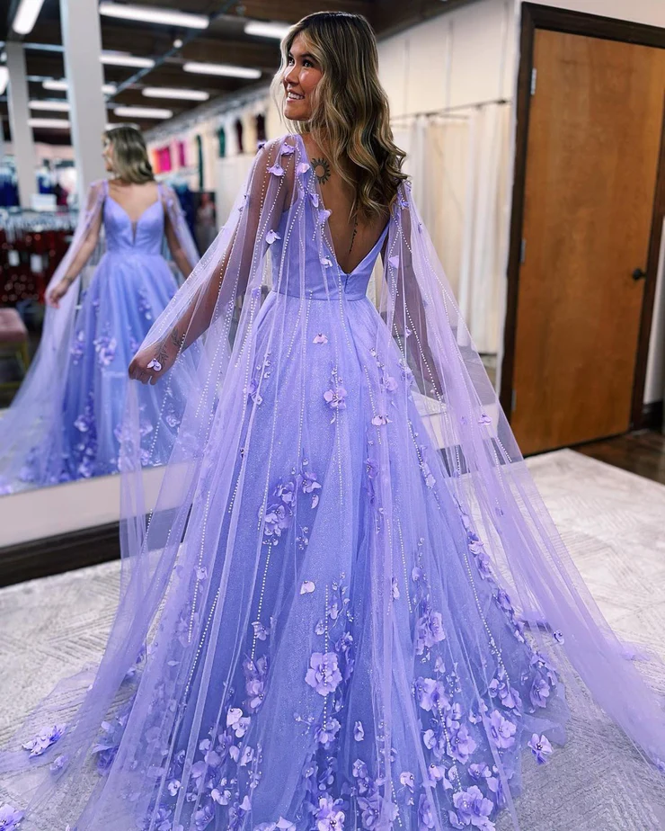 Sparkly A Line V Neck Lavender Tulle Long Prom Dresses with Appliques nv426
