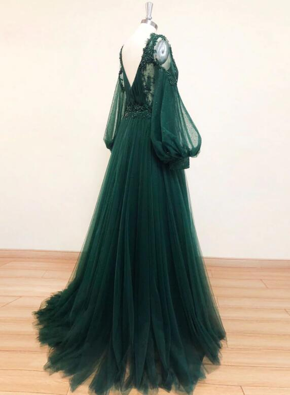 Belles robes de soirée de mariage à manches longues en tulle vert, robes de bal vertes, robe de soirée nv453
