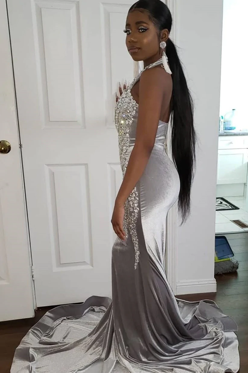 Halter Shiny Crystal Sliver Prom Dresses nv362